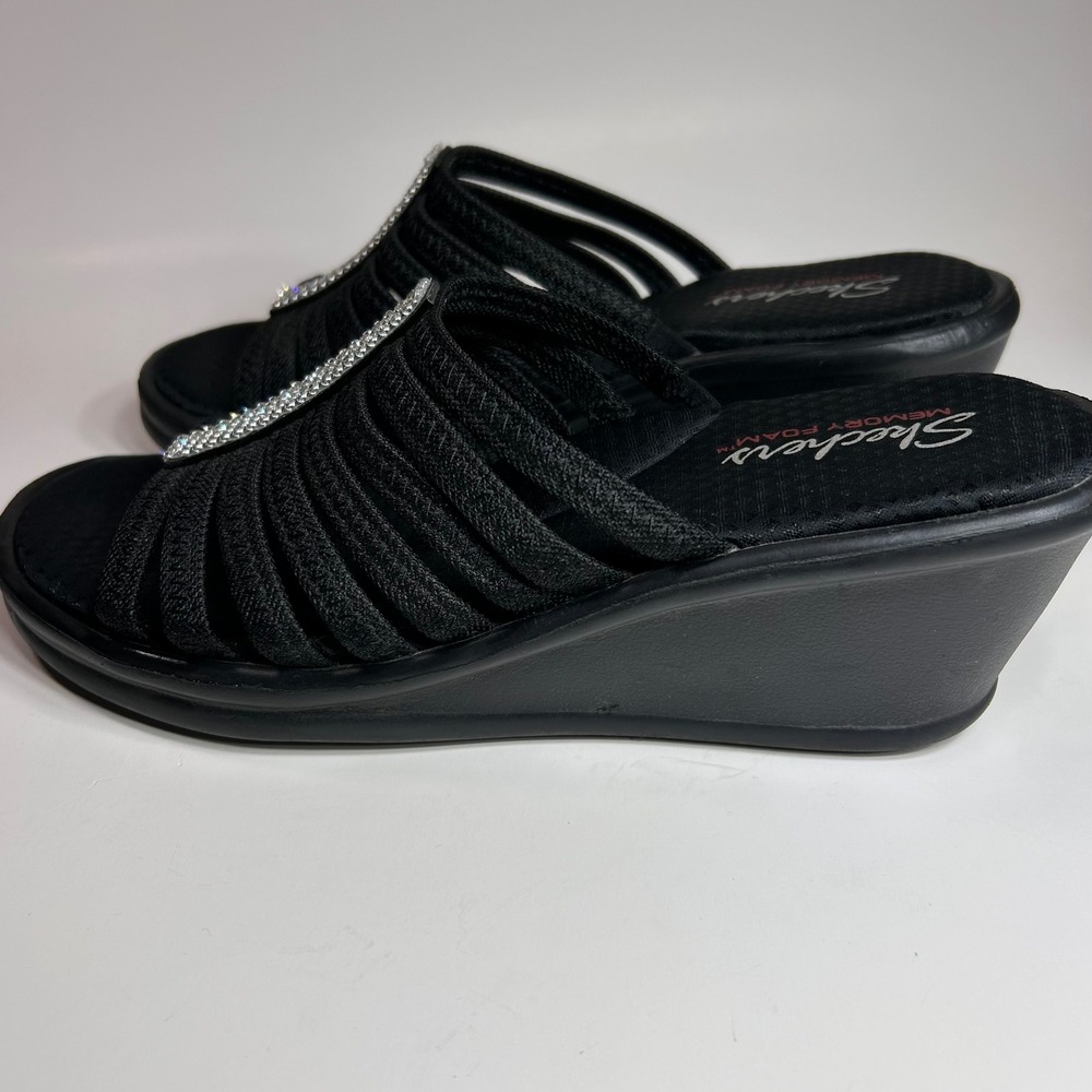 Skechers Rumblers Hotshot Wedge Sandals Womens 10 Black Rhinestone Comfort Bling - Picture 4 of 11